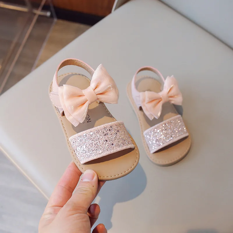 Sandalias de moda para niña, novedad de verano, zapatos para niños, zapatos de princesa, zapatos antideslizantes de suela blanda para niña, sandalias de playa con lentejuelas y lazo, zapatos para niña - imagen 3
