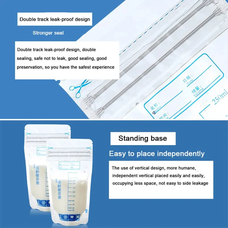 Bolsa de almacenamiento de leche materna con capacidad de 250ml, contenedor de almacenamiento de alimentos para bebé, sin fugas, bolsas de congelador de leche, alimentación segura sin BPA, 30 piezas - imagen 4