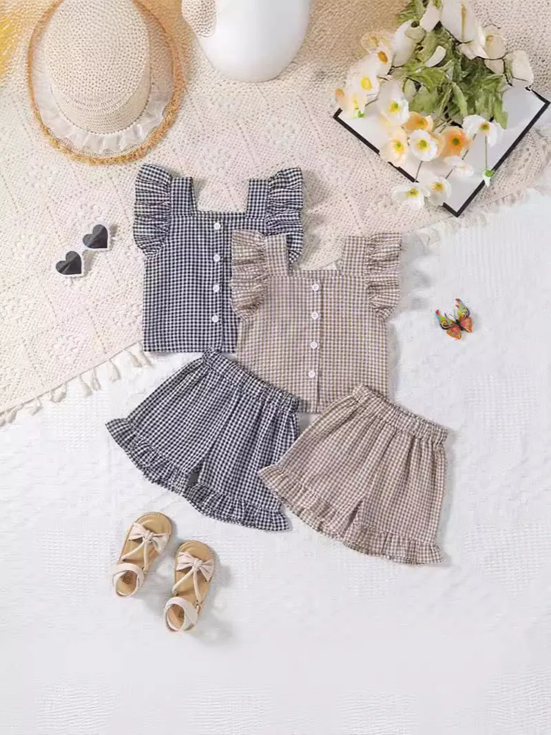 Conjunto de cuadros para niños y niñas, chaleco sin mangas, camisa y pantalones cortos, conjunto de dos piezas, ropa holgada de verano