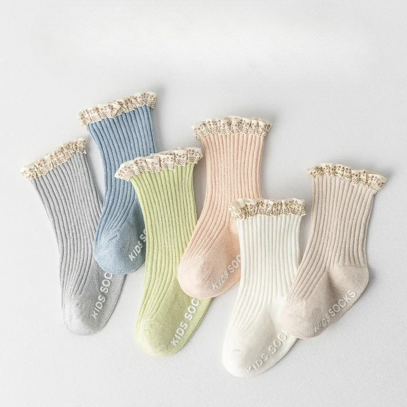 Calcetines para bebé recién nacido, calcetines tejidos de algodón suave con adornos de Color caramelo, calcetines con volantes para cuna media, punta sin costuras, antideslizantes para bebés pequeños - imagen 2