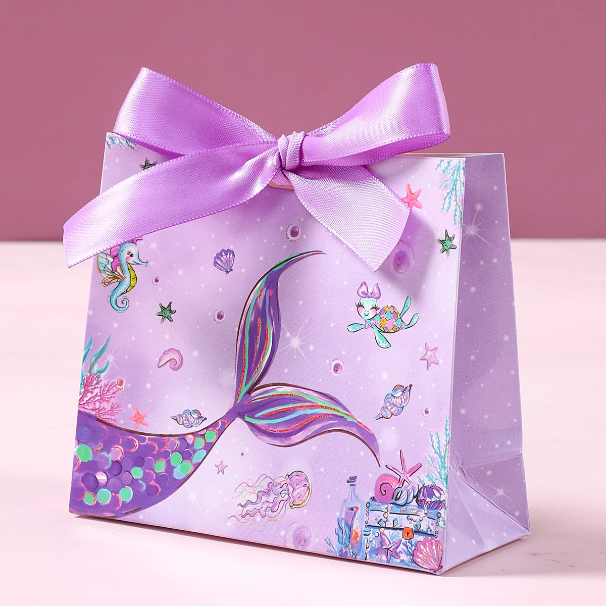 Caja de dulces de cola de sirena con lazo, bolsa de papel para embalaje de regalo, cajas de palomitas de maíz, recuerdos pequeños para niños, decoraciones para fiesta de cumpleaños de sirena