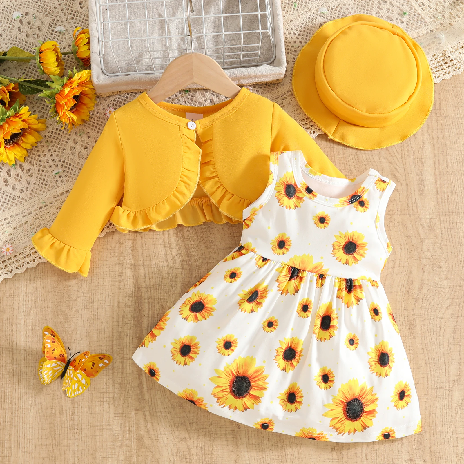 SUNSIOM 0-3 años bebé niña 2 piezas trajes de otoño vestido sin mangas con estampado de girasol + cárdigan de manga larga + conjunto de sombrero ropa para niños pequeños
