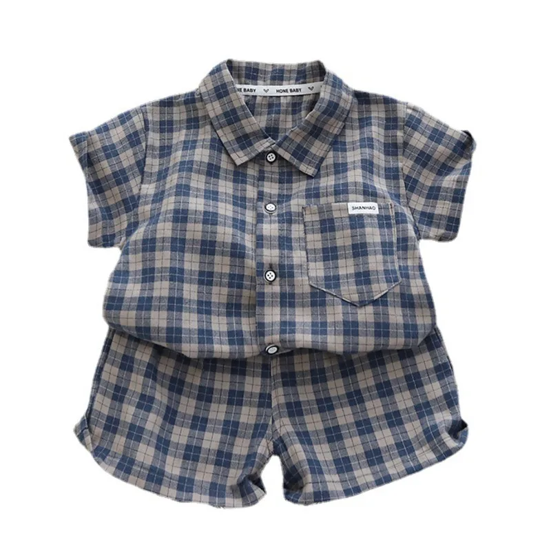 Conjunto de ropa de verano para bebé, traje de camisa a cuadros, pantalones cortos, chándal informal para niño pequeño, 2 unidades