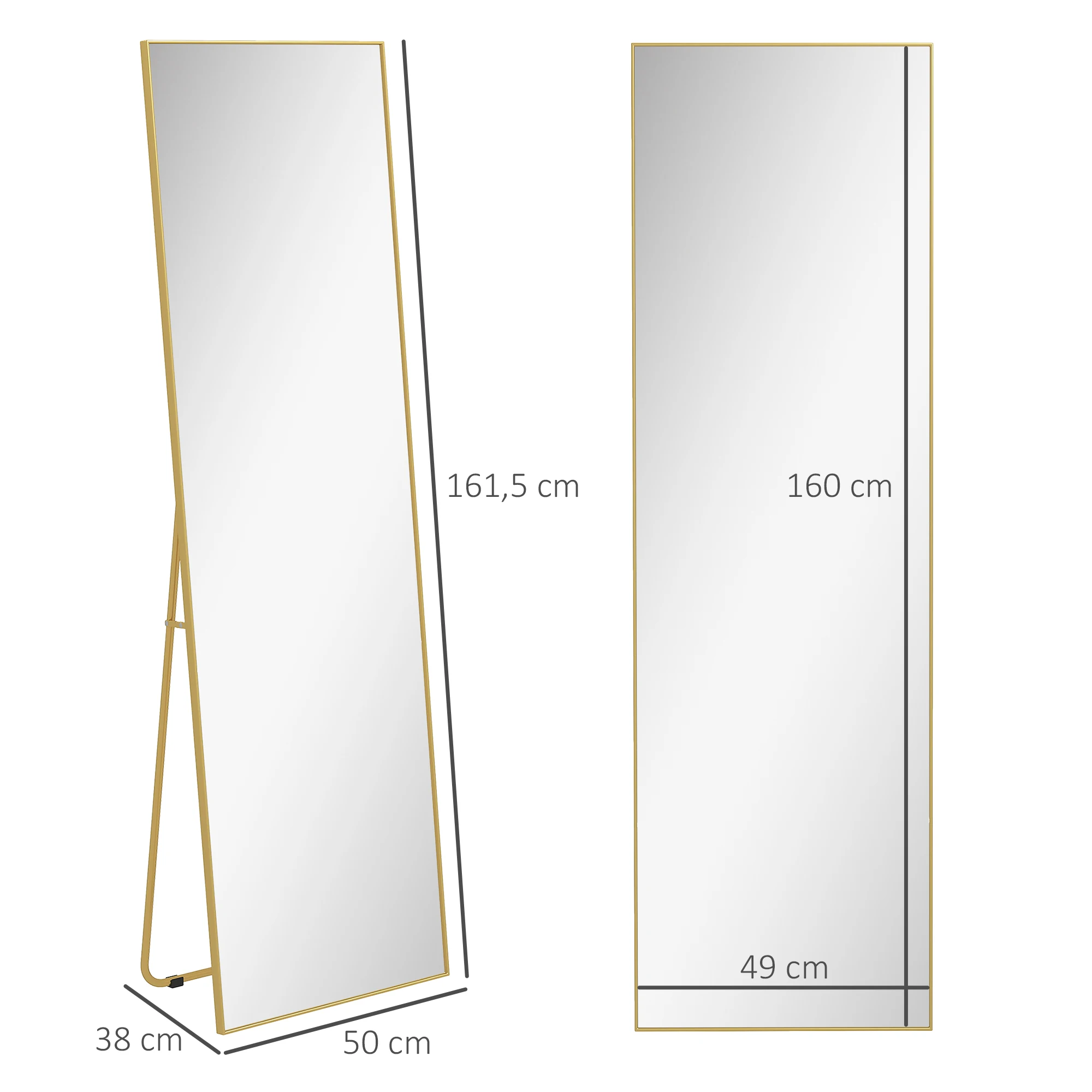 HOMCOM Espejo de Pie Cuerpo Entero con Marco de Aleación de Aluminio Espejo de Pared Rectangular con 2 Formas de Uso para Pasillo Dormitorio Salón 50x161,5x2 cm Dorado - imagen 3
