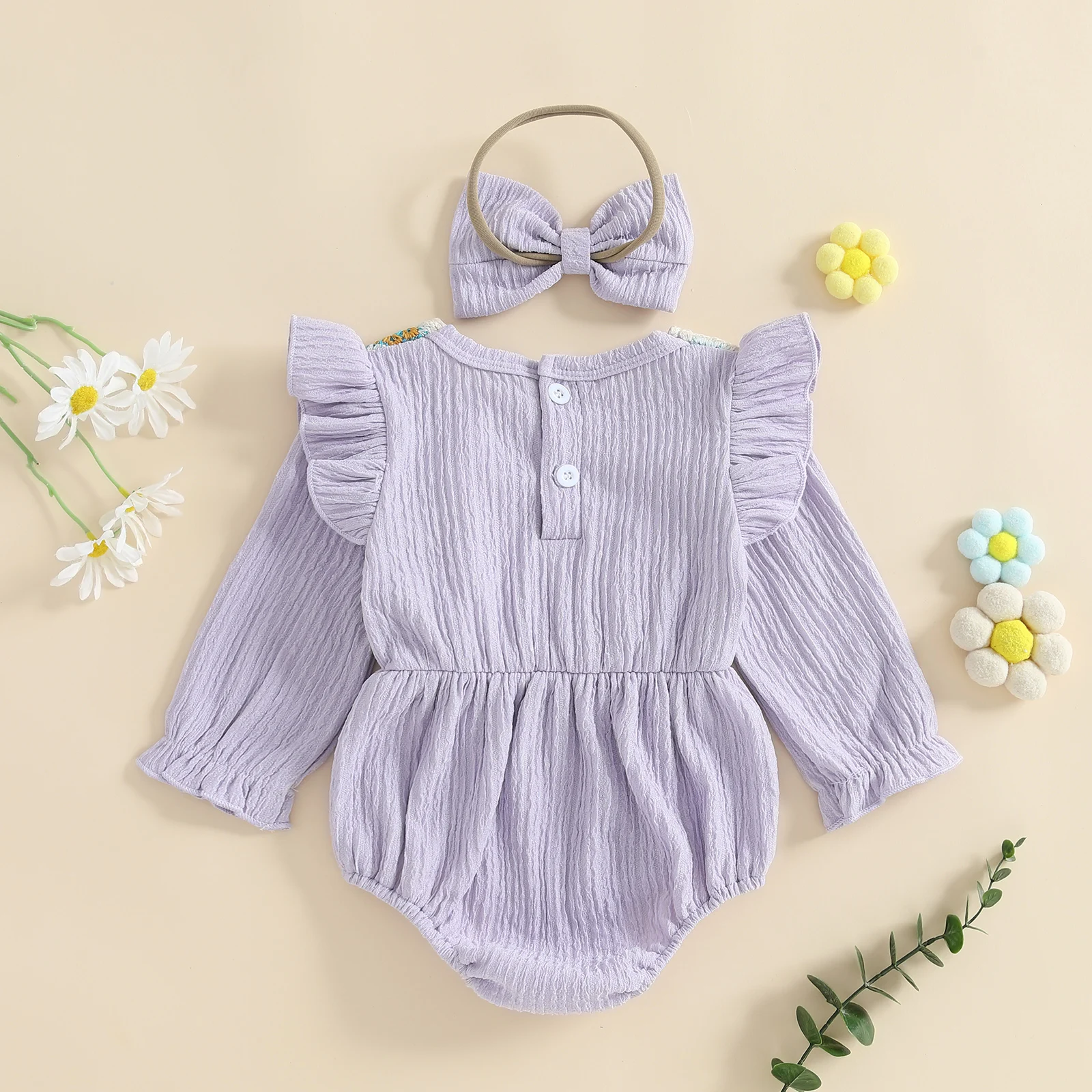 SUNSIOM Mameluco floral de ganchillo para niñas, monos de manga larga con volantes y lindo conjunto de diadema para trajes infantiles - imagen 4