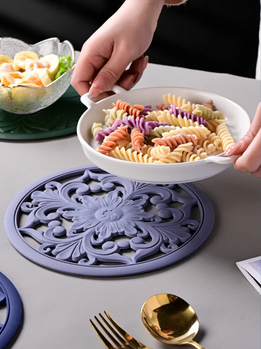 3 unids/set estera de vajilla de silicona reutilizable Vintage hueco tallado almohadilla de silicona con aislamiento térmico tazón taza mantel individual Decoración de mesa - imagen 2