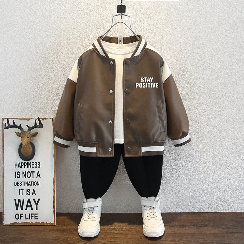 Chaqueta de cuero infantil estilo motorista con franjas para primavera - imagen 2