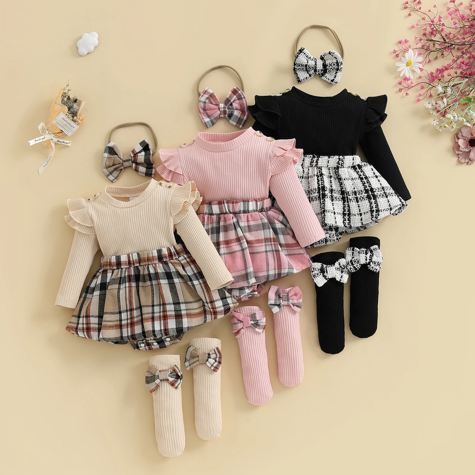 Conjuntos de otoño para niña de 0 a 18 meses, falda con estampado de cuadros de manga larga, mono con diadema, conjunto de calcetines, ropa infantil - imagen 2
