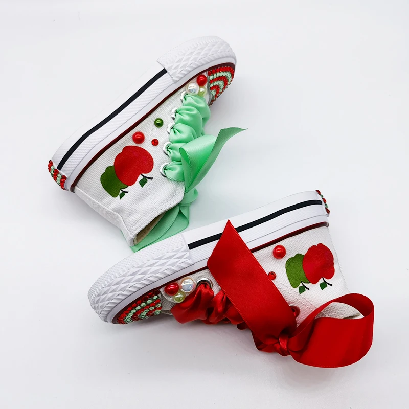 Zapatos de lona con temática roja y verde para niños, zapatillas ostentosas hechas a mano para niñas, regalo de cumpleaños