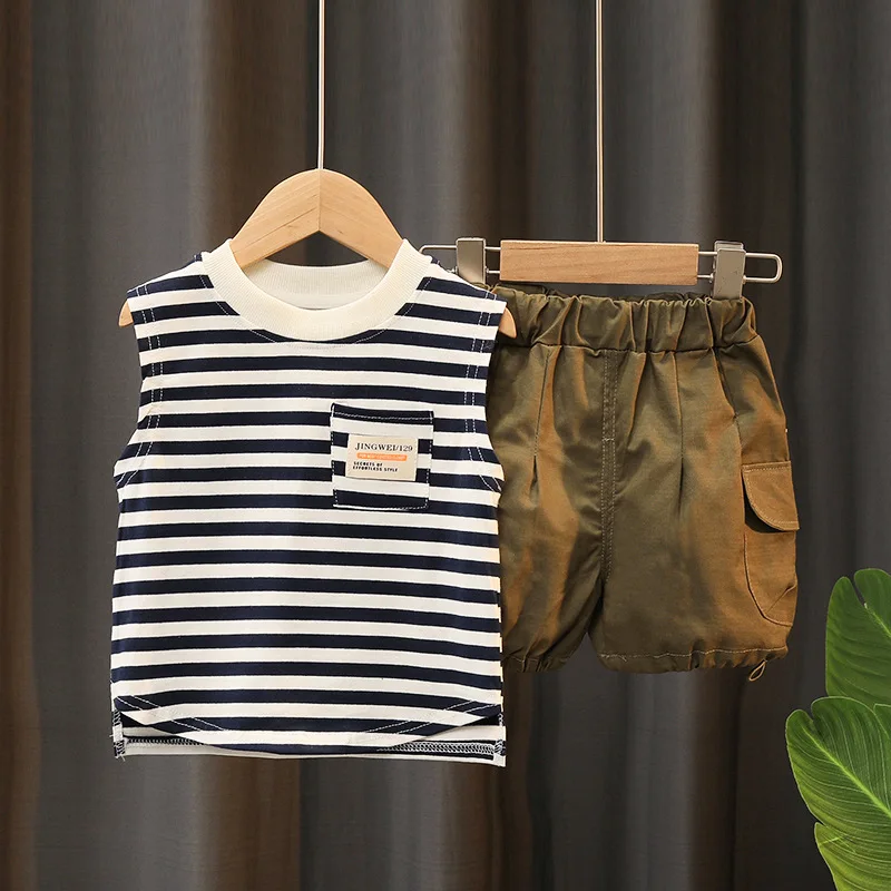 2 piezas 2025 ropa de verano para niños, moda informal coreana, Tops de algodón sin mangas a rayas para bebés + pantalones cortos sueltos, conjuntos para niños B018 - imagen 2