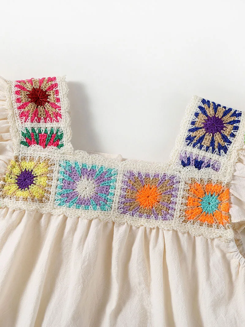 Pelele de verano para niñas recién nacidas de 0 a 2 años, monos de estilo Retro con mangas voladoras y flores de ganchillo étnico - imagen 4