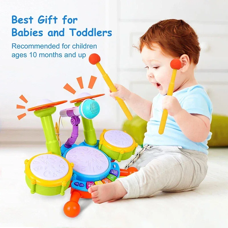 Batería infantil con micrófono y luces LED – Instrumento musical para niños - imagen 3