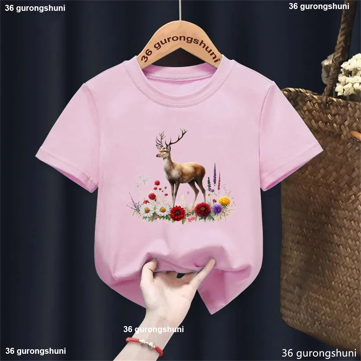 Newest Sika Deer Flowers Animal Printed T Shirt Girls/Boys Harajuku Kawaii Kids Clothes White/Pink/Blue T-Shirt Summer Tops Tee - imagen 5