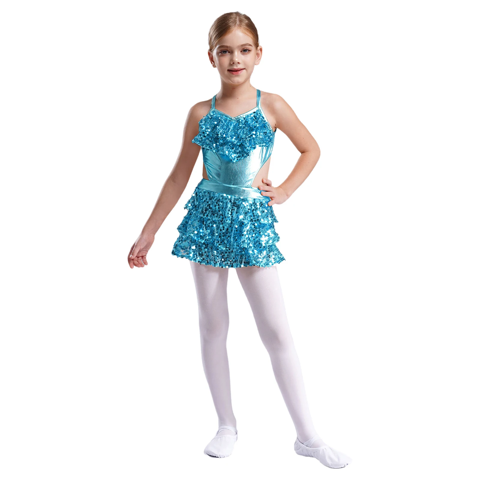 Vestido de ballet con lentejuelas para niñas – Volantes escalonados - imagen 4