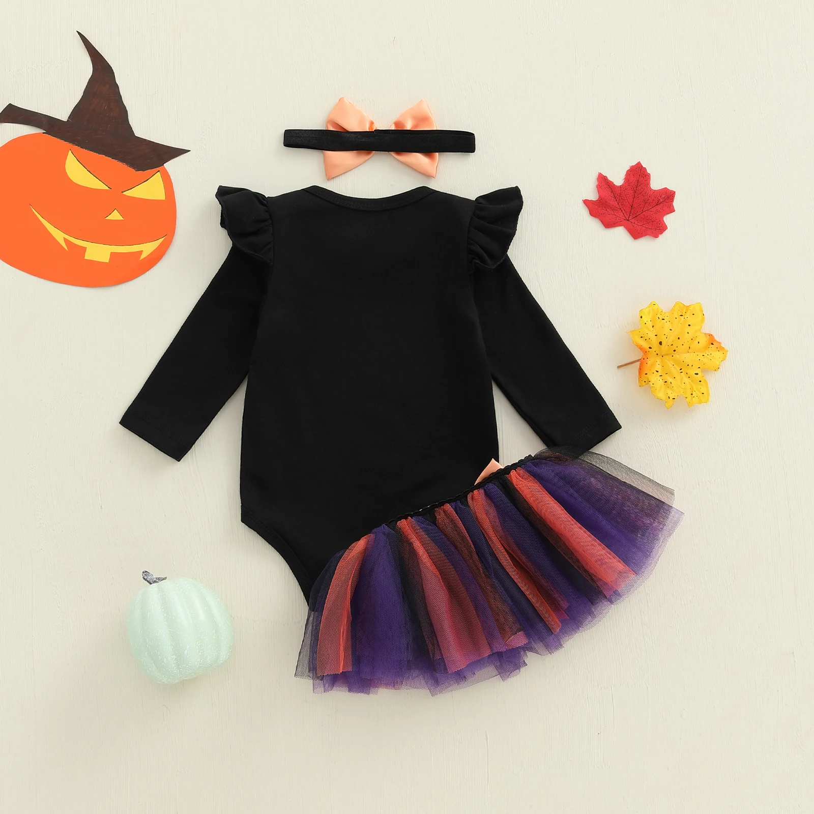 Conjunto de disfraz de Halloween para niña de 0 a 18 meses, pelele de manga larga + falda de tul a rayas + diadema, ropa para recién nacido - imagen 4