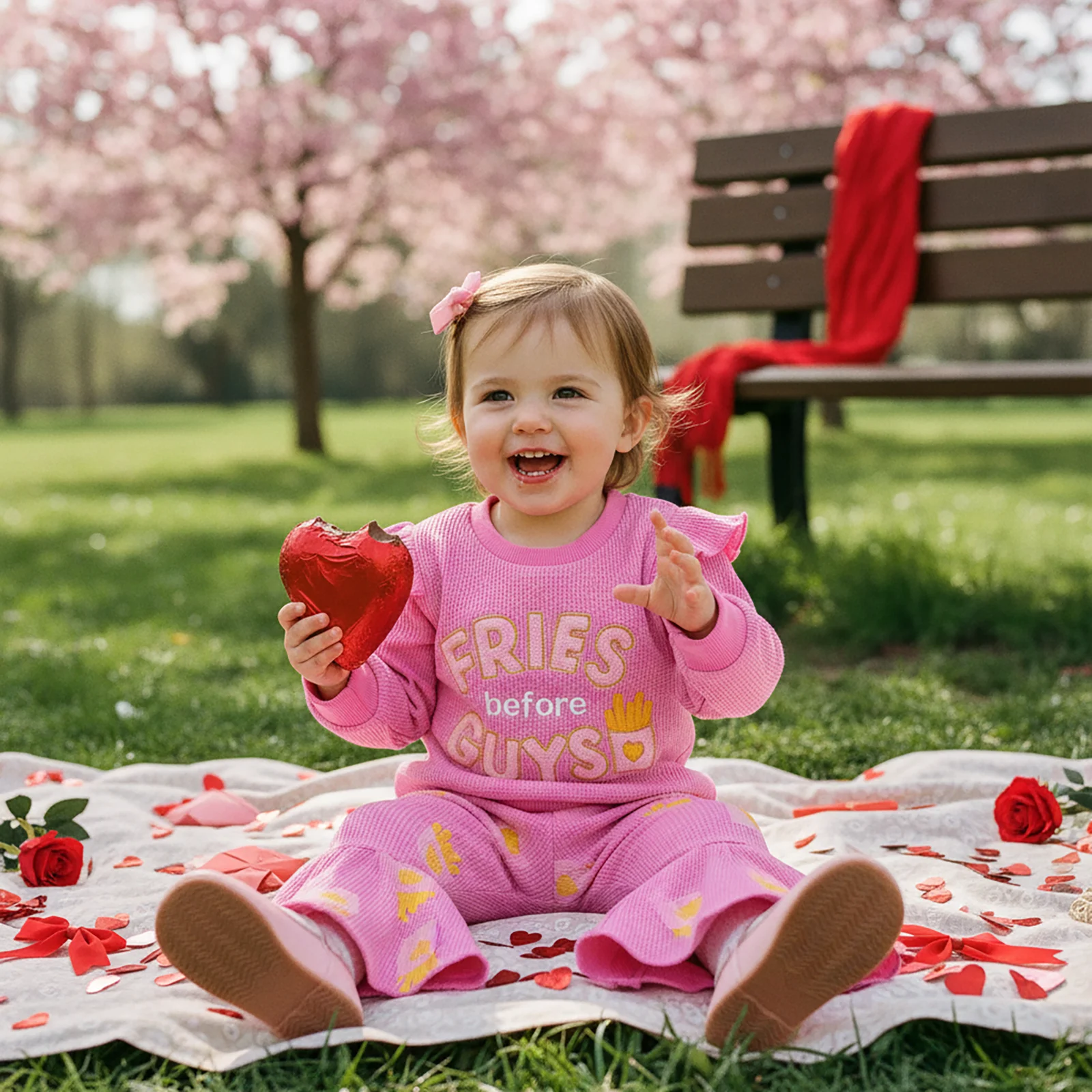 Suefunskry Conjunto para el Día de San Valentín para niñas, sudadera con letras bordadas de manga larga y pantalones acampanados con estampado de patatas fritas - imagen 4
