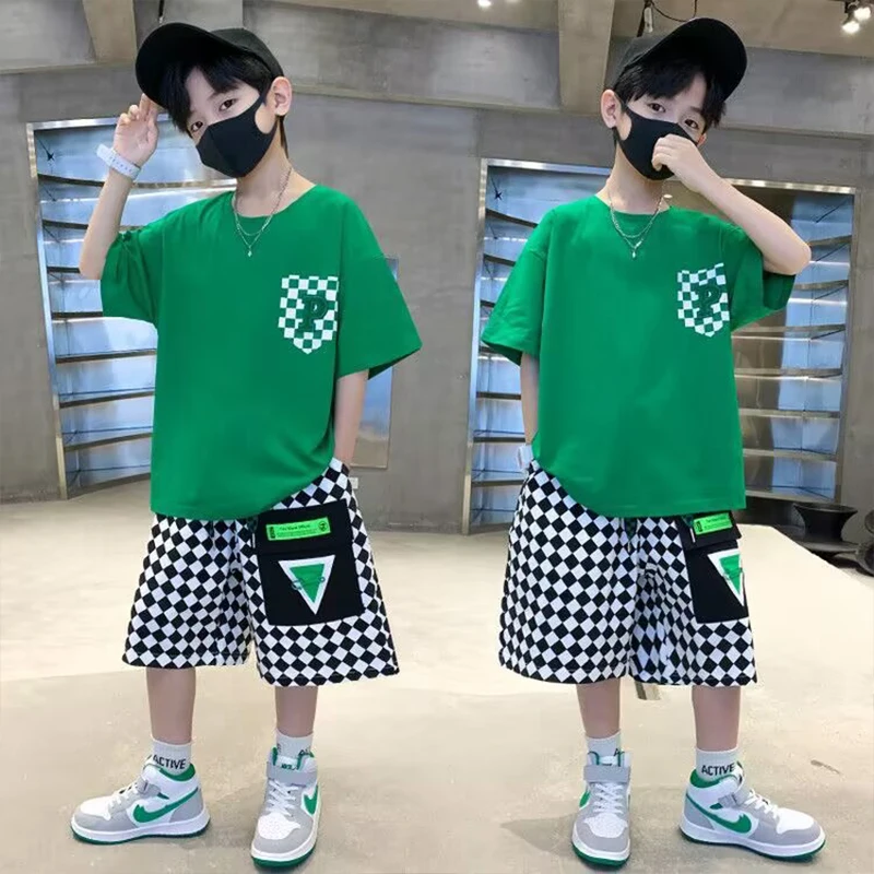 Conjunto de ropa de moda para niños, ropa de verano de manga corta para adolescentes, traje, camiseta con letras, pantalones cortos a cuadros, 2 uds., trajes de ropa de descanso para niños - imagen 3