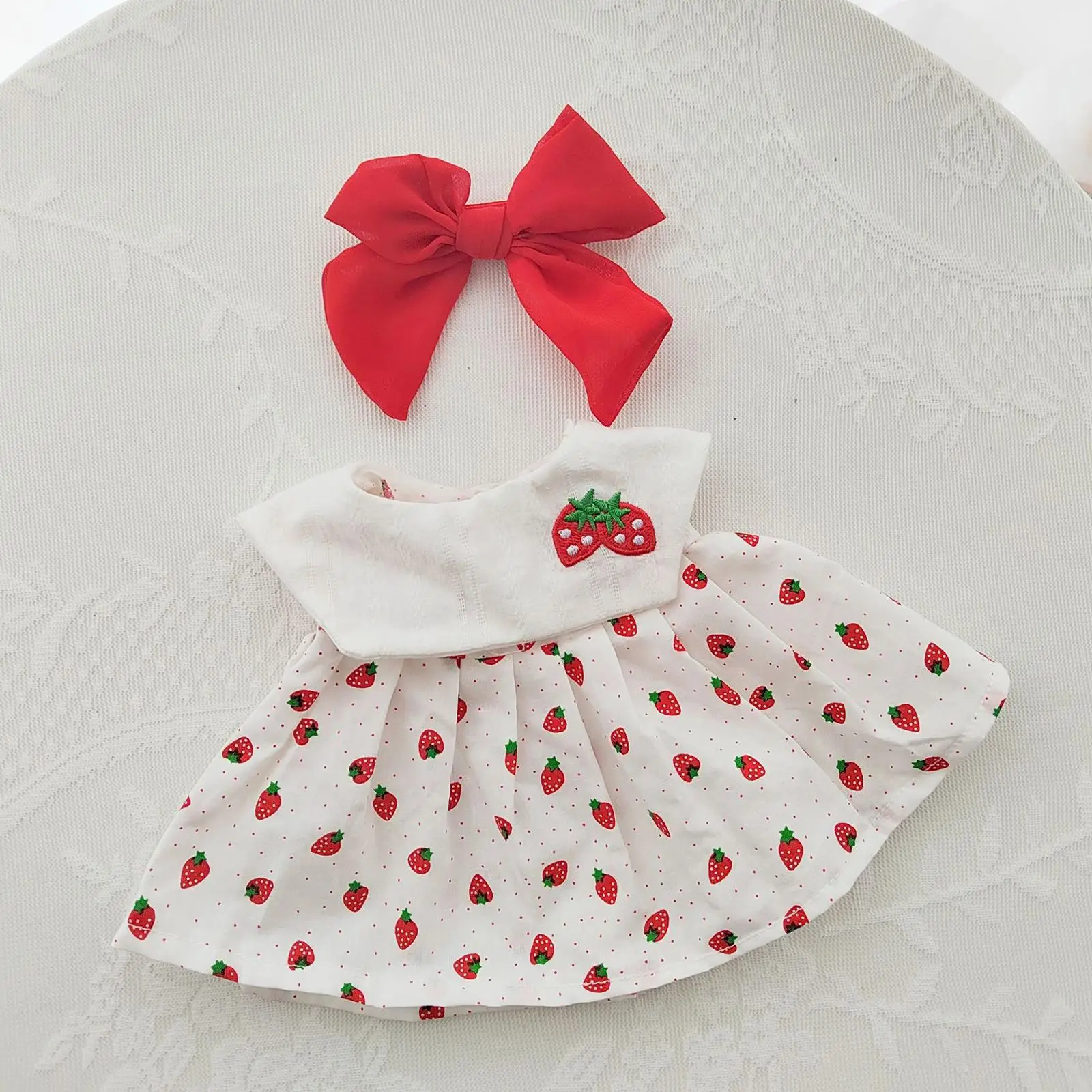 Dolls Strawberry Dress and Bow Hairpin Outfits Accessories, Miniature Clothing for 38cm Dolls Halloween Gifts
