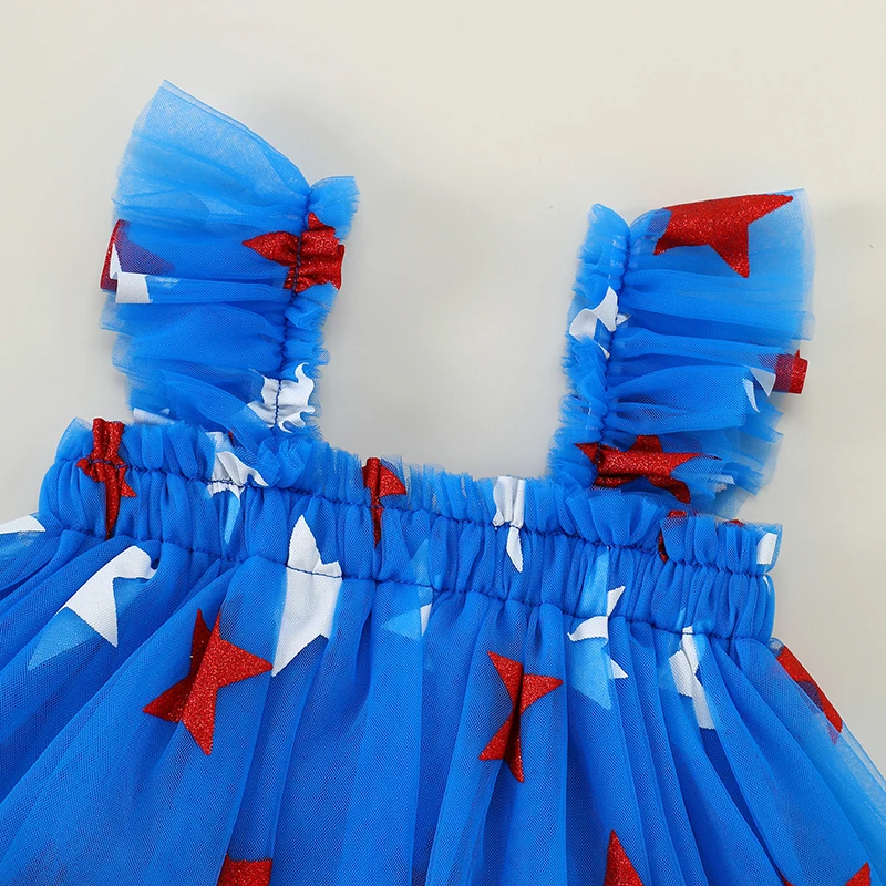 SUNSIOM Vestido mameluco para niña de 0 a 18 meses, 4 de julio, mono de tul sin mangas con estampado de estrellas y diadema con lazo - imagen 5