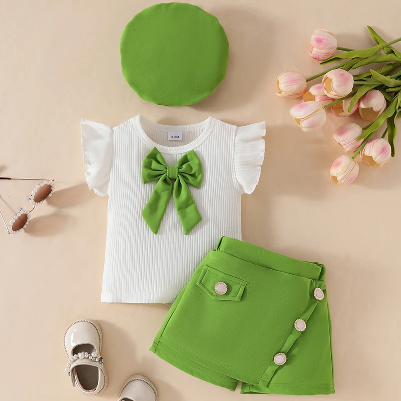 Conjuntos de 3 piezas para niños, ropa de verano para bebés, moda coreana, bonito lazo sin mangas, Tops blancos de algodón, pantalones cortos y sombrero, artículos para recién nacidos BC884