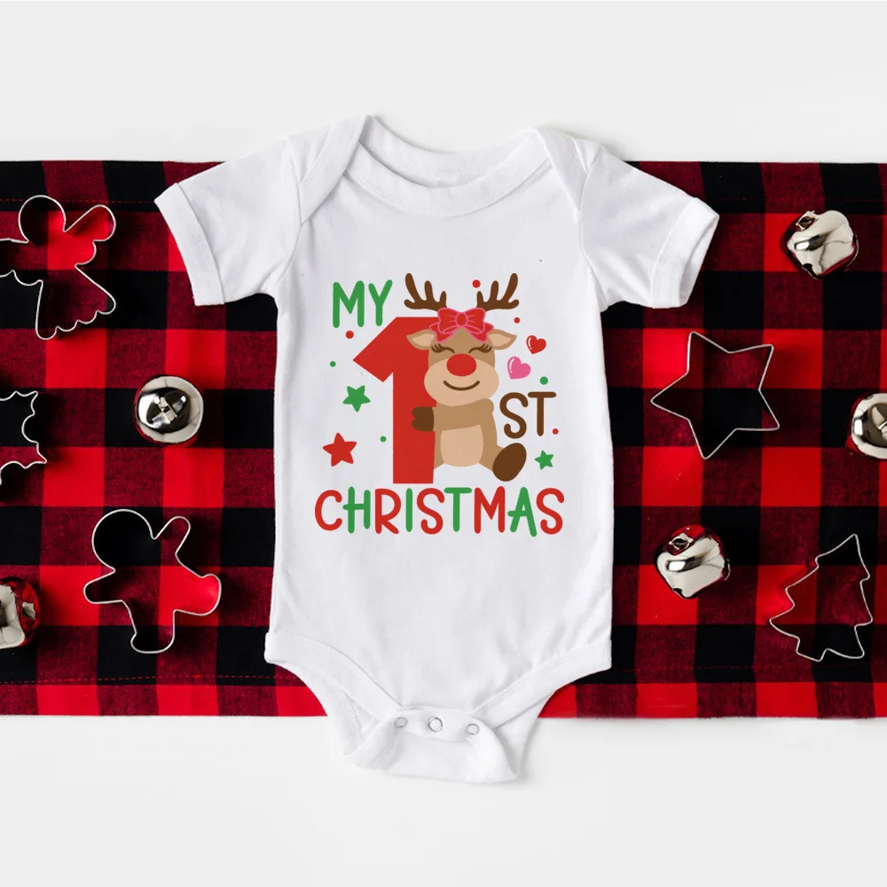 Mameluco con estampado de mi primera Navidad para bebé, traje infantil para fiesta de Navidad, mono de manga corta para niños y niñas, mono de Navidad para niños pequeños, ropa - imagen 5