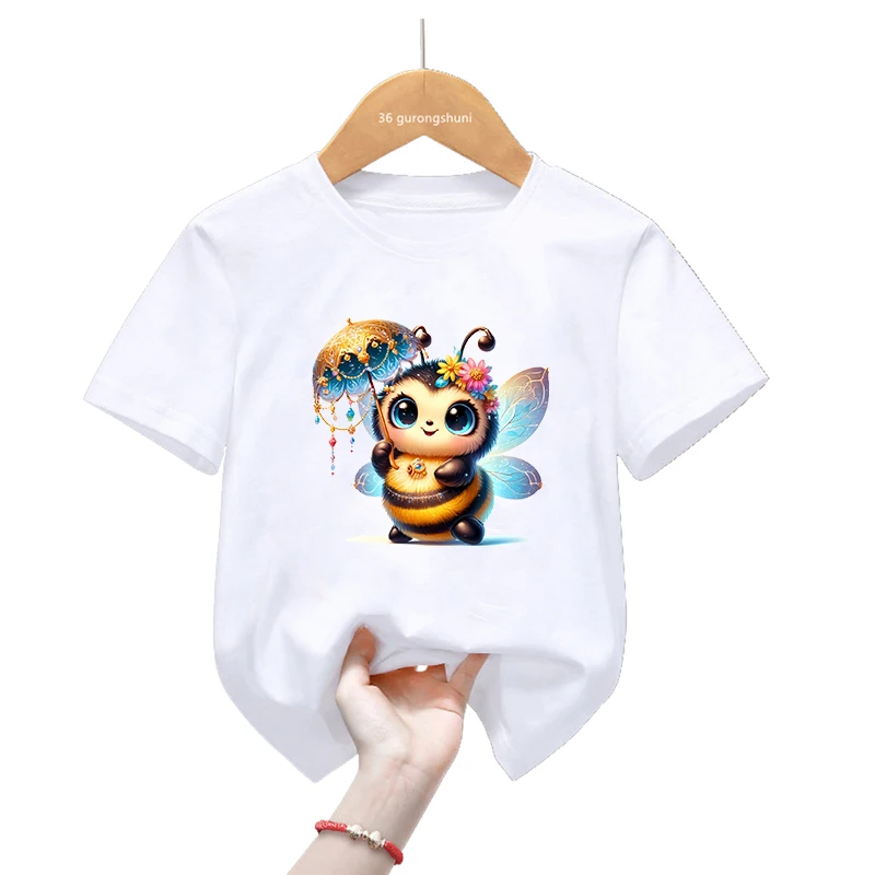 Camiseta divertida con estampado de flores de abeja para niñas, ropa Kawaii para niños, camiseta de manga corta de mariposa, moda de verano, camiseta Harajuku - imagen 3