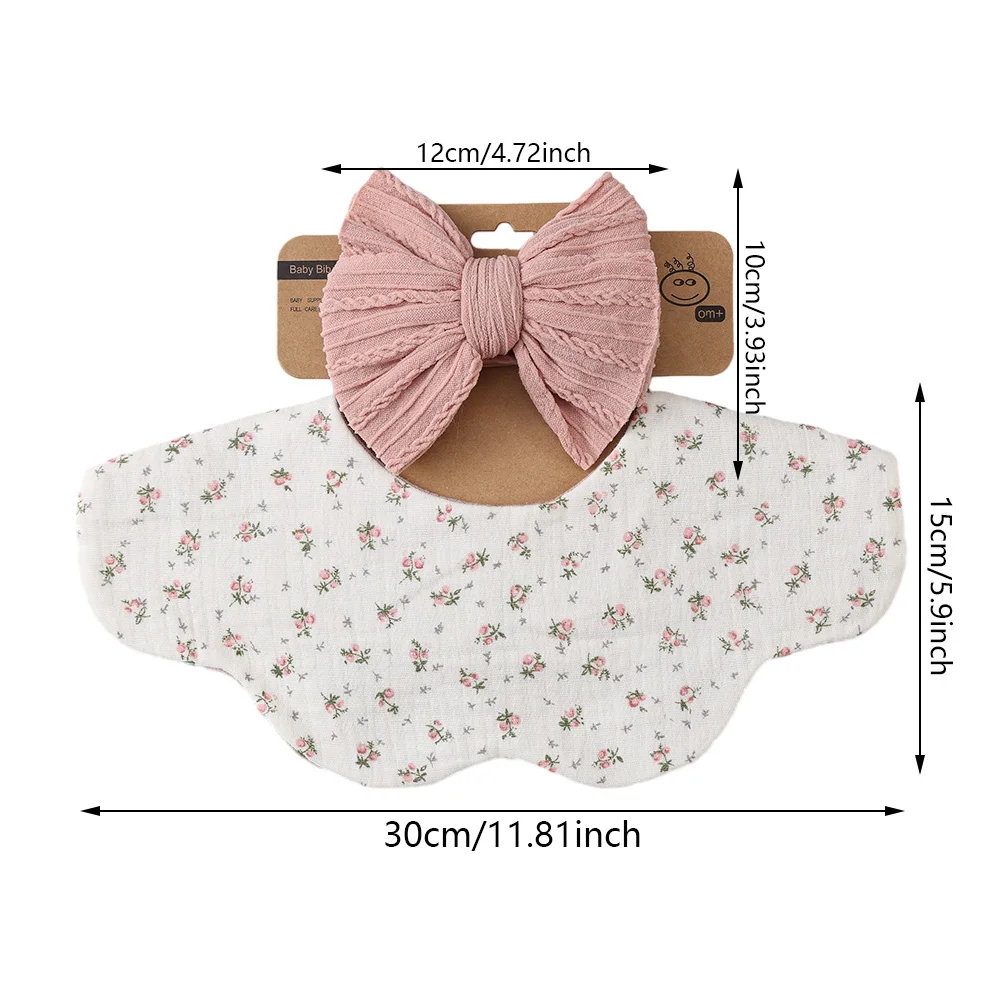 2 unids/set de Baberos y Cable de muselina de algodón para bebé, diademas con lazos grandes elásticos suaves y sólidos, estampado de flores, corazón, toalla para Saliva, tocados - imagen 3