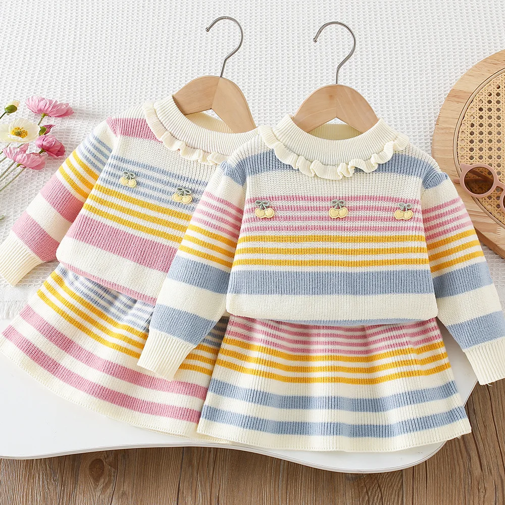 Otoño nuevo conjunto de ropa para niñas jersey de punto a rayas y falda de punto 2 uds traje de suéter para niñas traje de punto para niñas - imagen 2