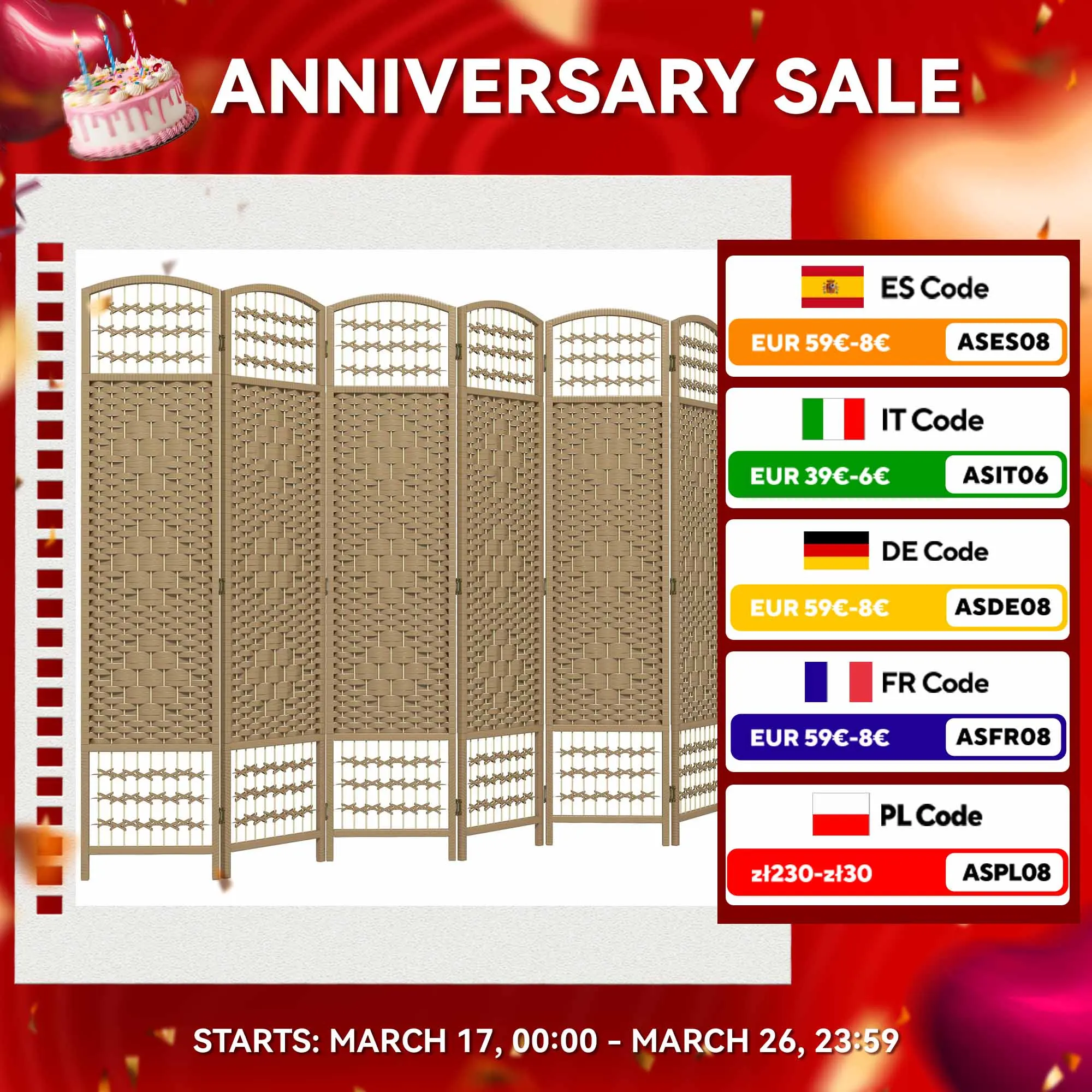 HOMCOM Biombo Separador de Ambientes de 6 Paneles 240x170 cm Divisor de Habitación Plegable de Cuerda de Papel y Marco de Madera Decoración para Dormitorio Salón Natural