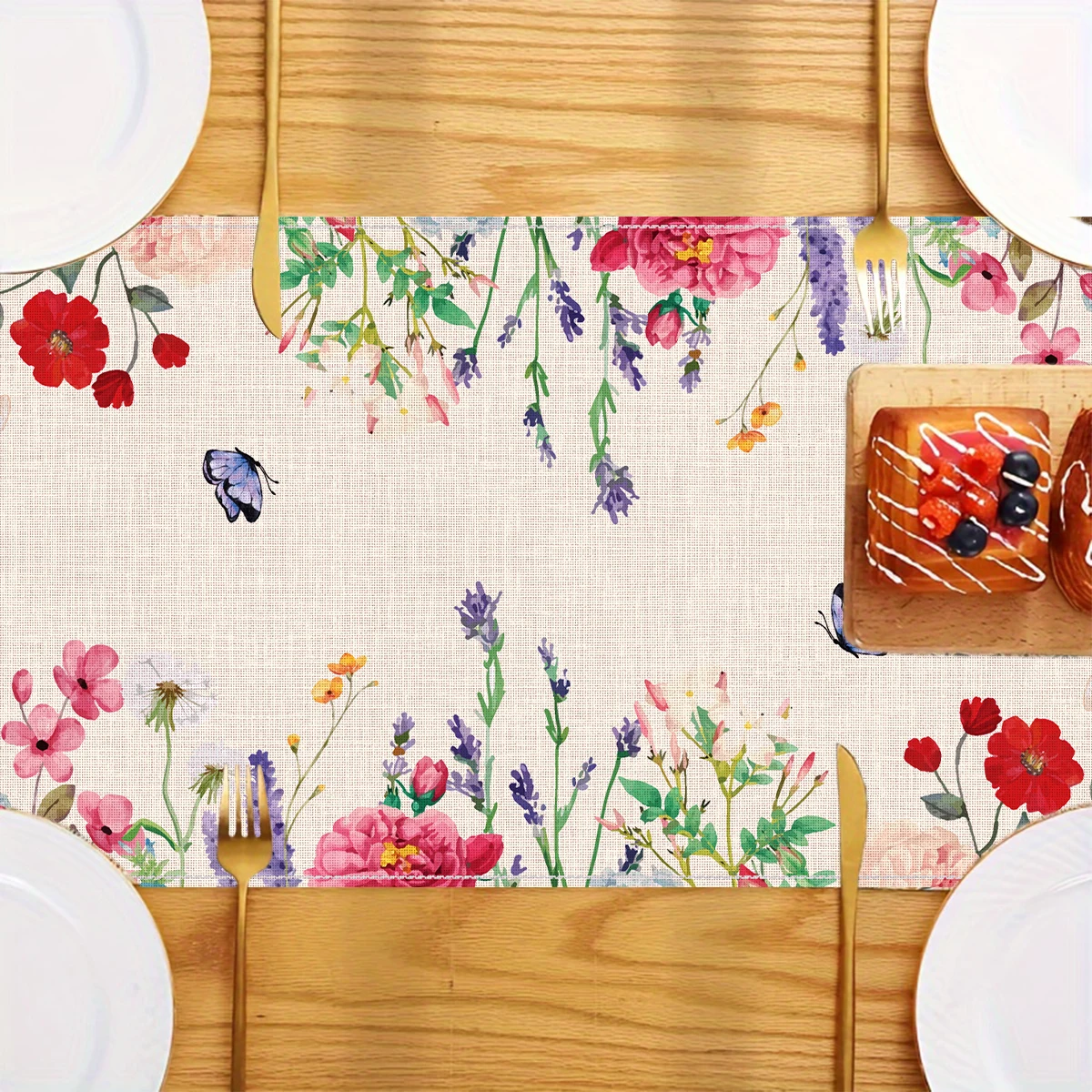 Caminos de mesa de PE/lino, mariposas y flores silvestres coloridas de primavera, decoración para fiesta de boda, caminos de mesa de plantas florales de verano, decoración de mesa - imagen 5