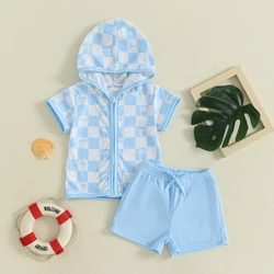 SUNSIOM Conjunto de pareo de playa para niño pequeño con estampado de tablero de ajedrez, manga corta, capucha con cremallera, tops con pantalones cortos sólidos, traje de verano de 2 piezas