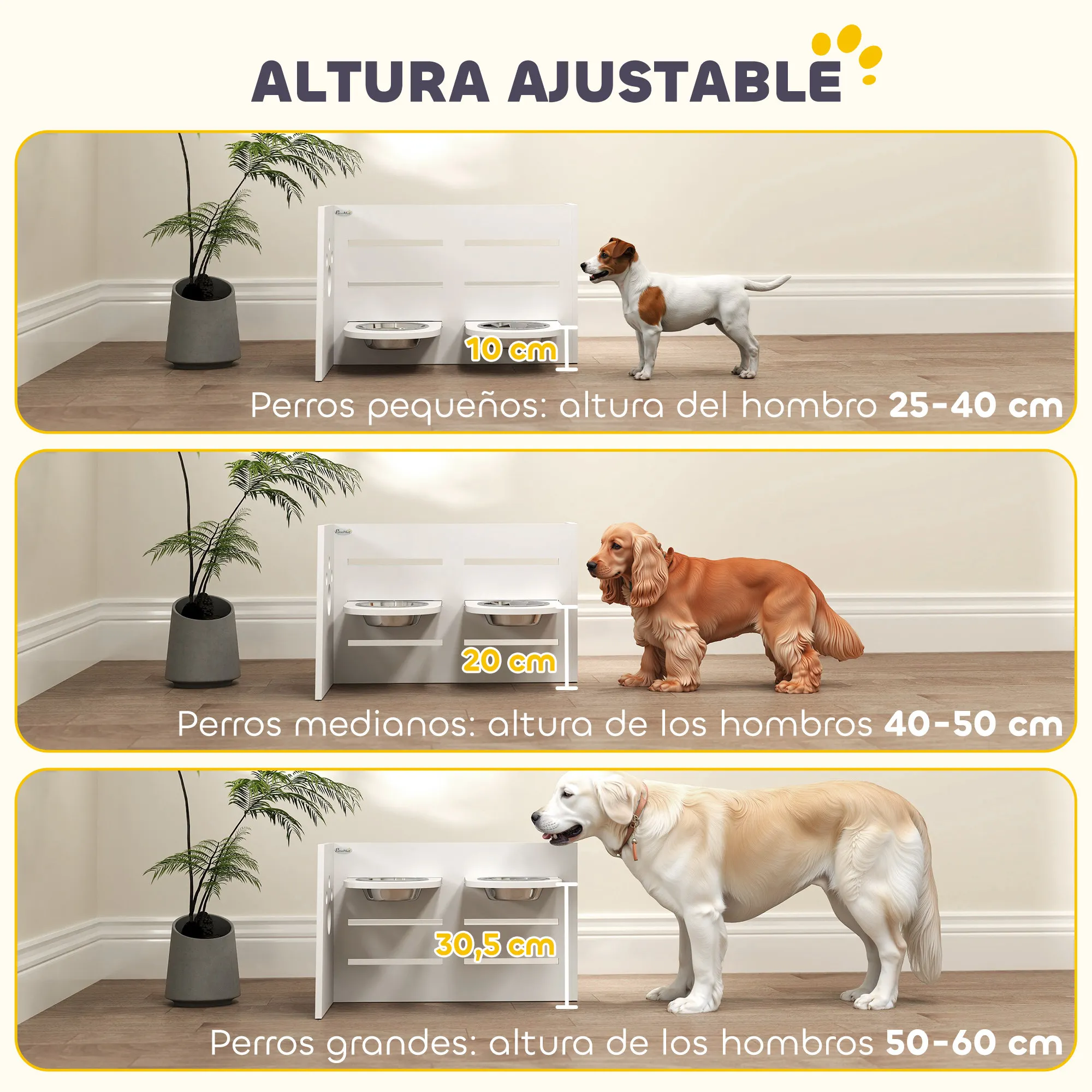 PawHut Comedero Perros Elevado de 3 Alturas Ajustables Cuencos para Perros 2x1 L y 1 Alfombrilla Antivoracidad Comedero para Perros Pequeños Medianos y Grandes Blanco - imagen 5