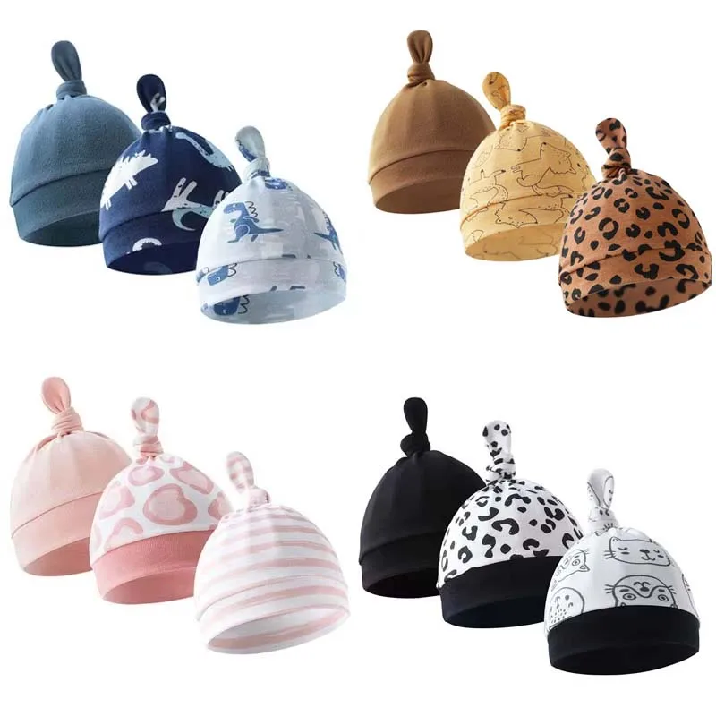 Gorro para bebé recién nacido de 0 a 6M, gorro con estampado anudado bonito, gorro infantil de primavera y otoño, gorros suaves de algodón para niños, regalo de ducha para niñas, 3 unids/lote