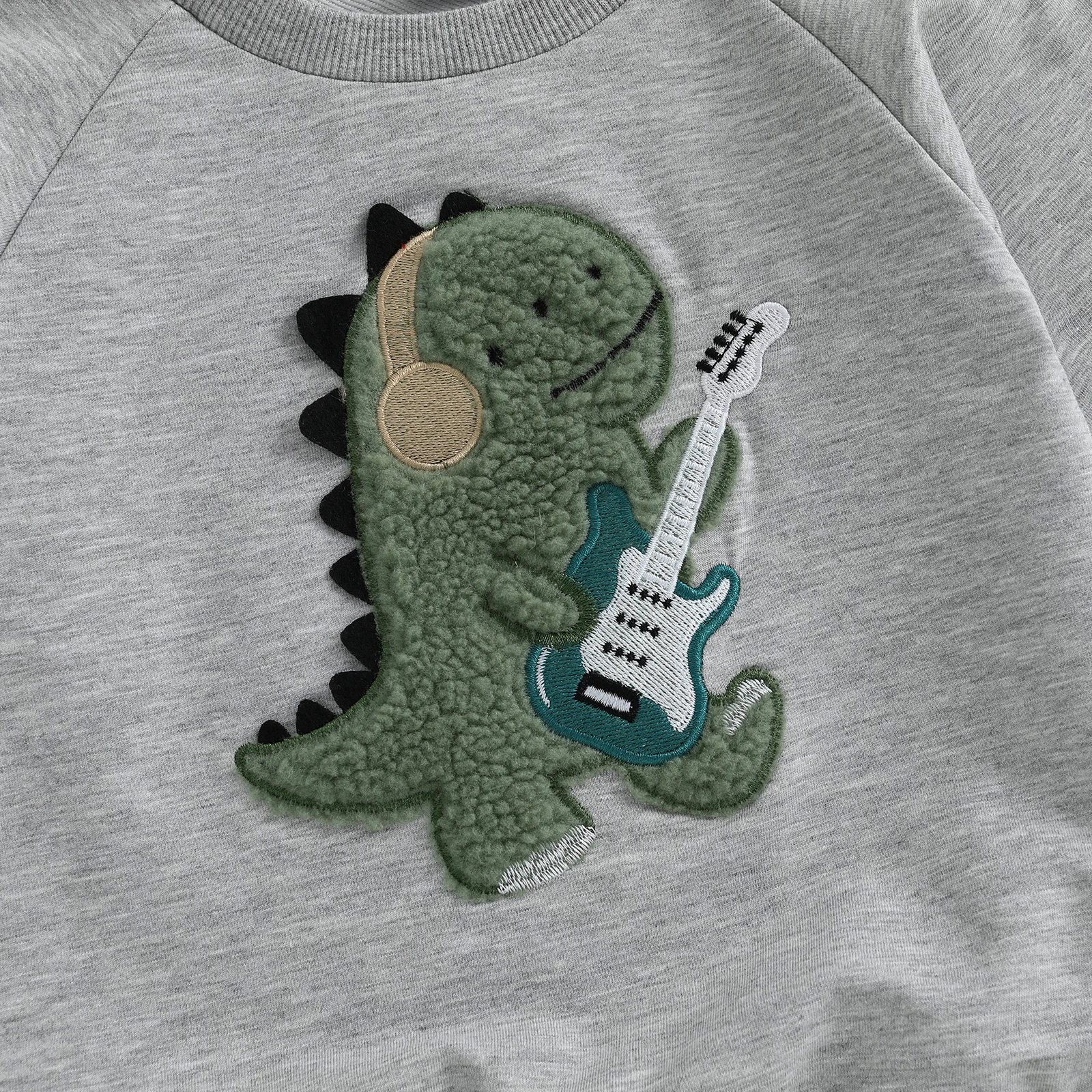 Ropa de otoño para niño pequeño, jersey de manga larga con bordado de guitarra de dinosaurio, pantalones de cintura elástica, traje de 2 uds. - imagen 4