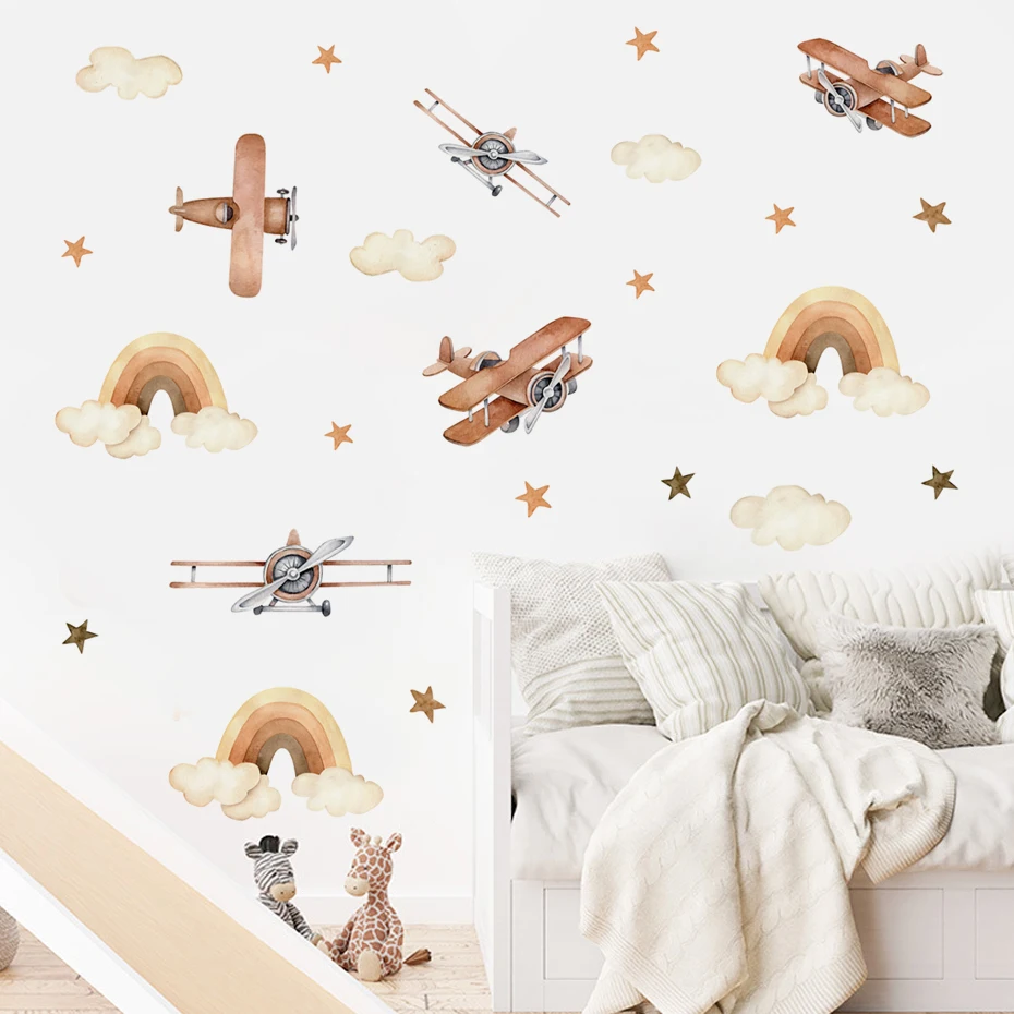 Pegatinas de pared boho para guardería – Avión, arcoíris y estrella