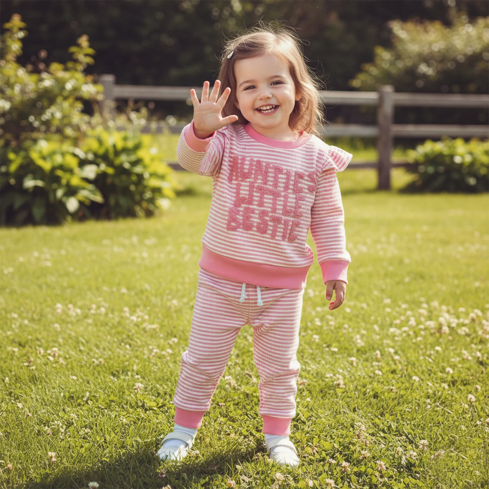 Suefunskry, trajes de primavera y otoño para niña, sudadera con letras de manga larga con volantes y pantalones de cintura elástica, conjunto de ropa para niños pequeños - imagen 3