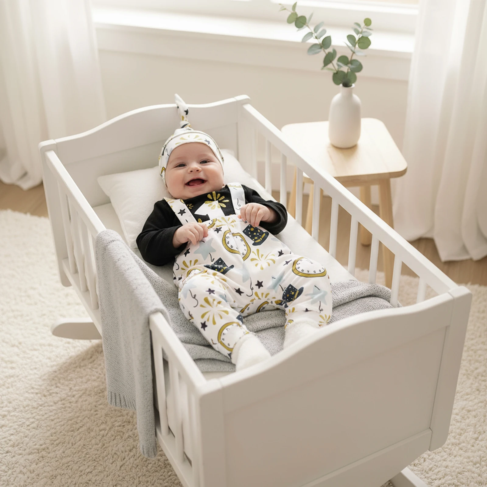 ViSgogo Conjunto de bebé niño, mameluco con estampado de letras de manga larga con pantalones generales de fuegos artificiales y sombrero, traje infantil de Año Nuevo - imagen 2