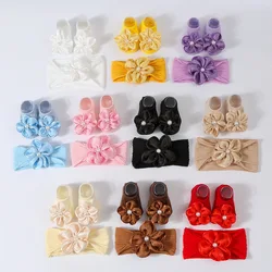 Diadema floral con calcetines de algodón para bebé recién nacido