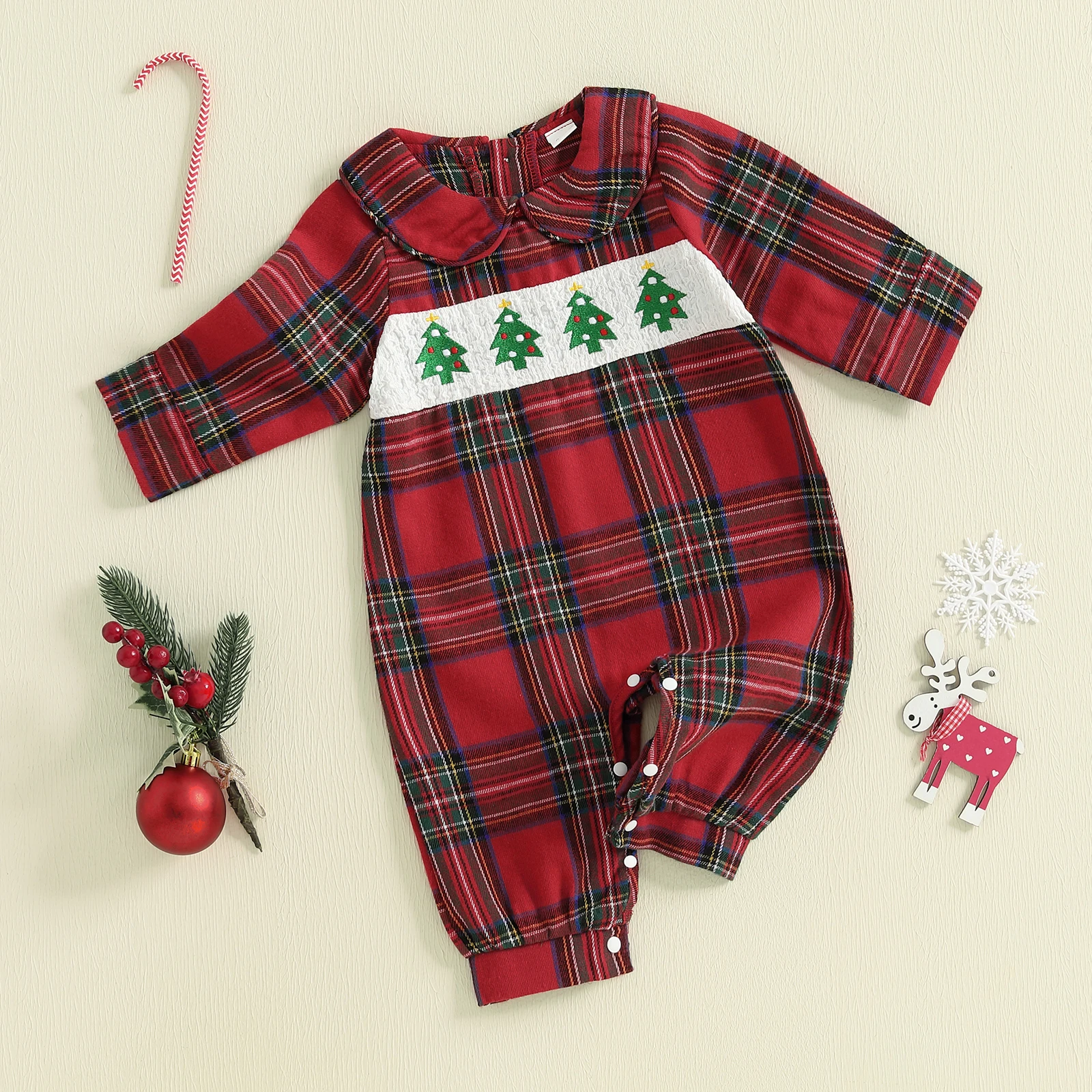 Pelele de Navidad a cuadros para bebé de 0 a 18 meses, mono de manga larga con cuello de muñeca bordado de árbol, ropa bonita para invierno y otoño - imagen 3