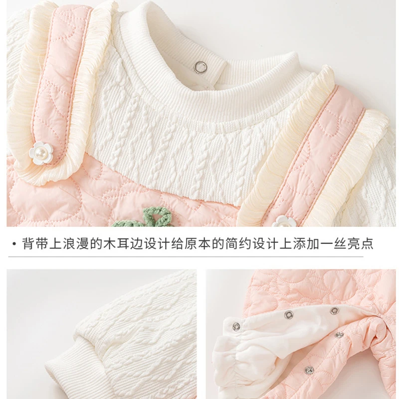 Ropa de invierno de 2 piezas para niñas recién nacidas, monos de algodón gruesos cálidos con flores lindas rosas coreanas y sombrero, ropa de Boutique para bebés, BC598 - imagen 3