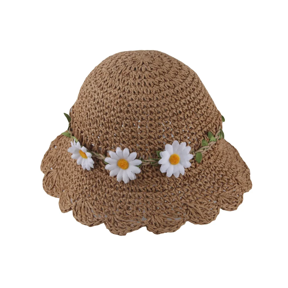 Sombrero de paja para el sol para niños, 48cm, protección solar de ala ancha para playa de verano, flores de loto decoradas, sombrero de playa de verano ligero y transpirable