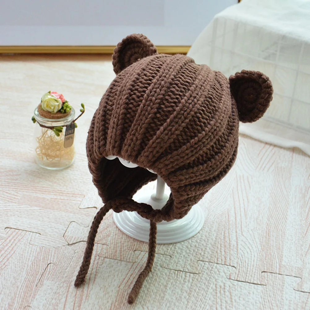 Gorro de lana tejido con orejas de oso para niños, gorro de ganchillo para bebé, gorro de lana cálido para otoño e invierno, gorro con orejeras de punto grueso