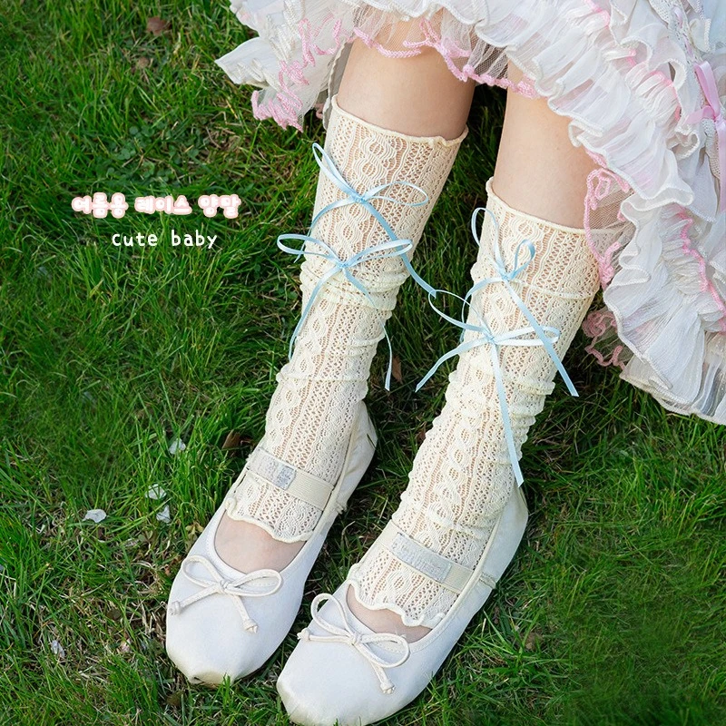 Calcetín de pantorrilla de encaje fino con volantes para chico y niña, cinta con lazo hueco de Ballet, calcetín de pila de moda coreana para niños, calcetín escolar transpirable - imagen 2