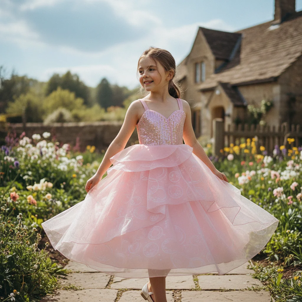 Vestido de fiesta rosa brillante con volantes voluminosos para niñas - imagen 2