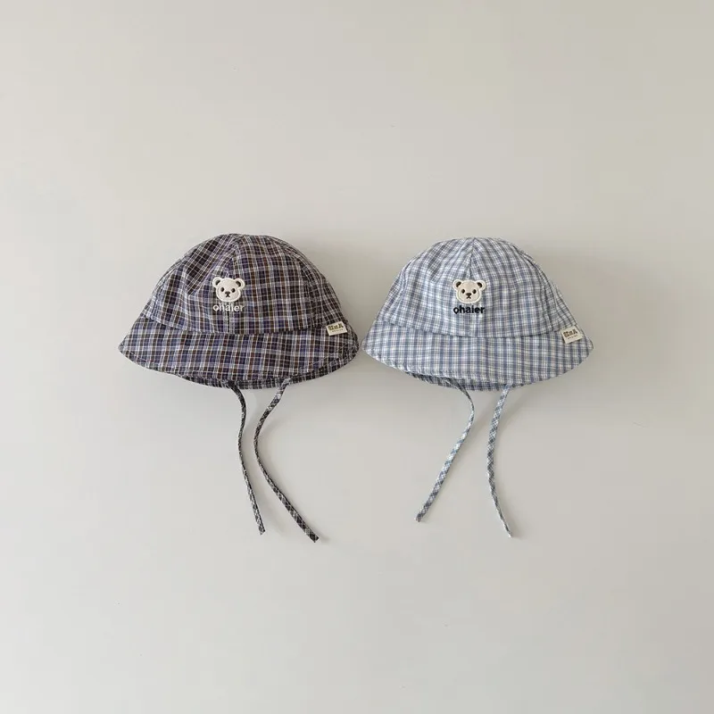Sombrero de pescador a cuadros de oso bonito coreano para bebés, niños y niñas, gorra de pescador con protección solar para primavera y otoño, dibujos animados, para exteriores - imagen 3