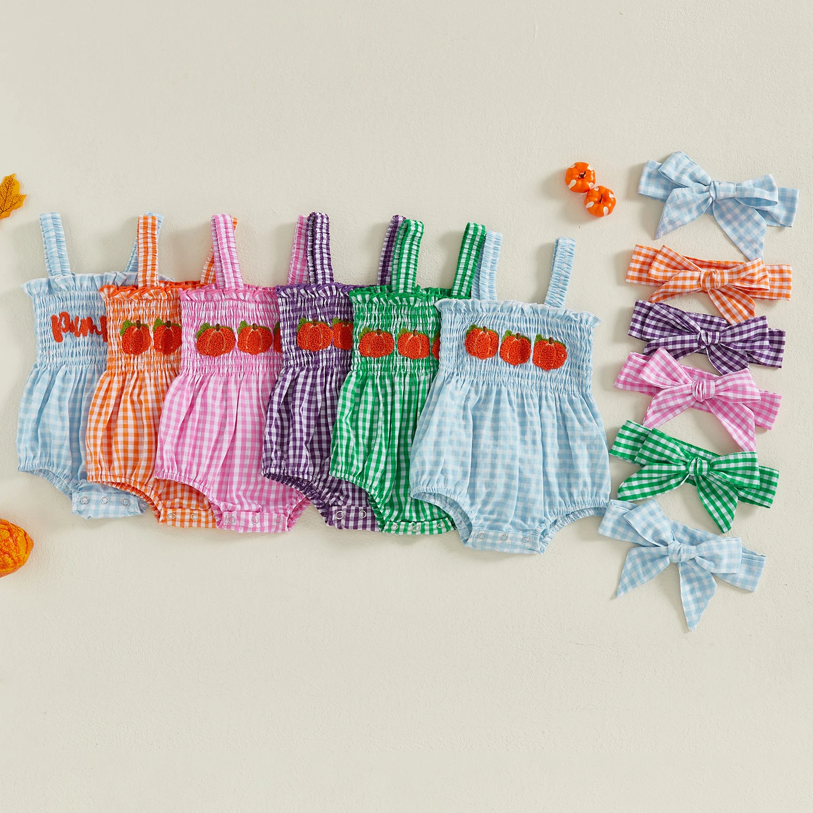 VISgogo Traje de Halloween para niña de 0 a 18 meses, a cuadros, con bordado de calabaza, sin mangas, mameluco general ahumado, diadema, conjunto de 2 piezas - imagen 2