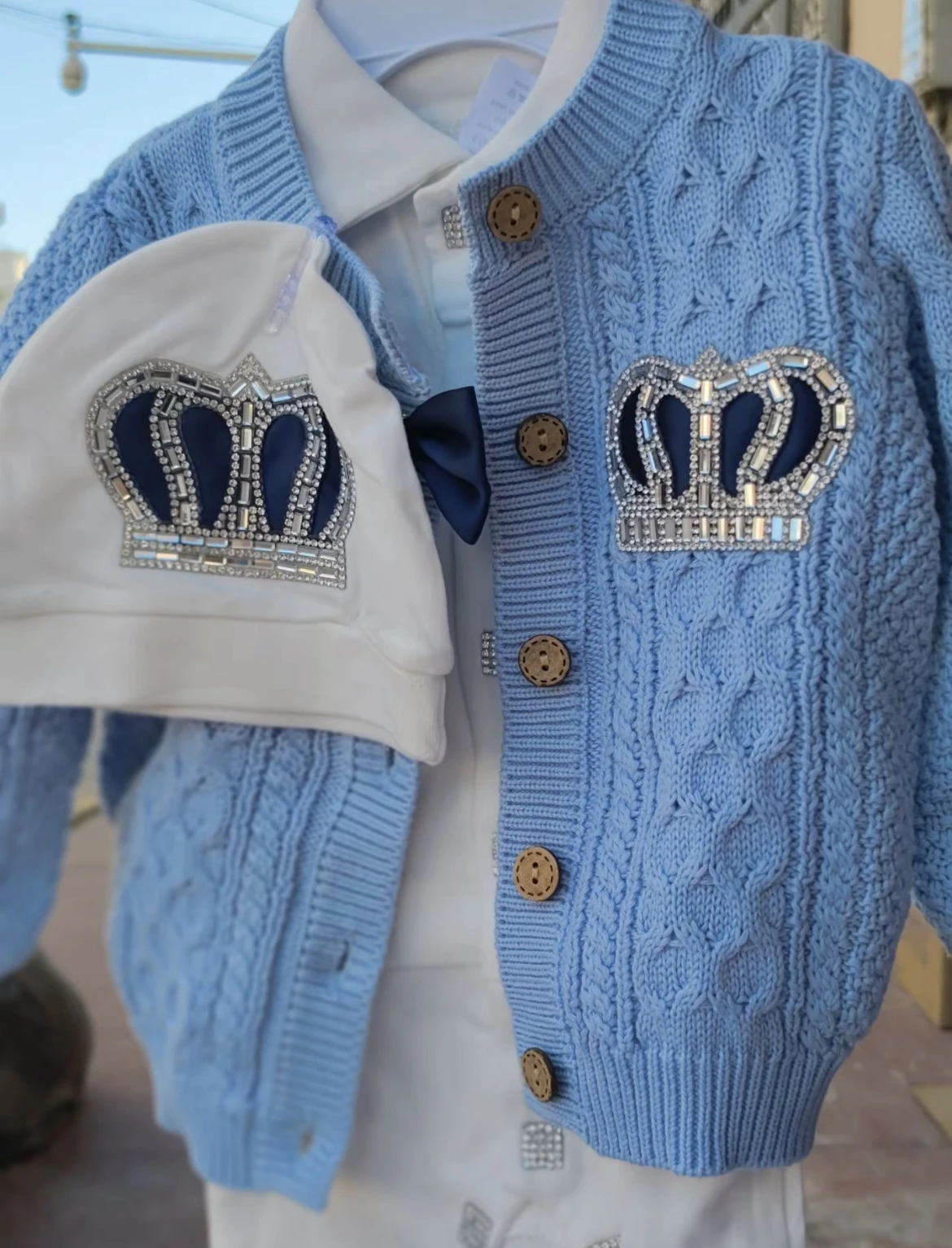 Dollbling-Conjunto de suéter para bebé, pelele tejido para niño pequeño, joyería de corona, mono de algodón y conjunto de gorro turbante, Otoño Invierno - imagen 2