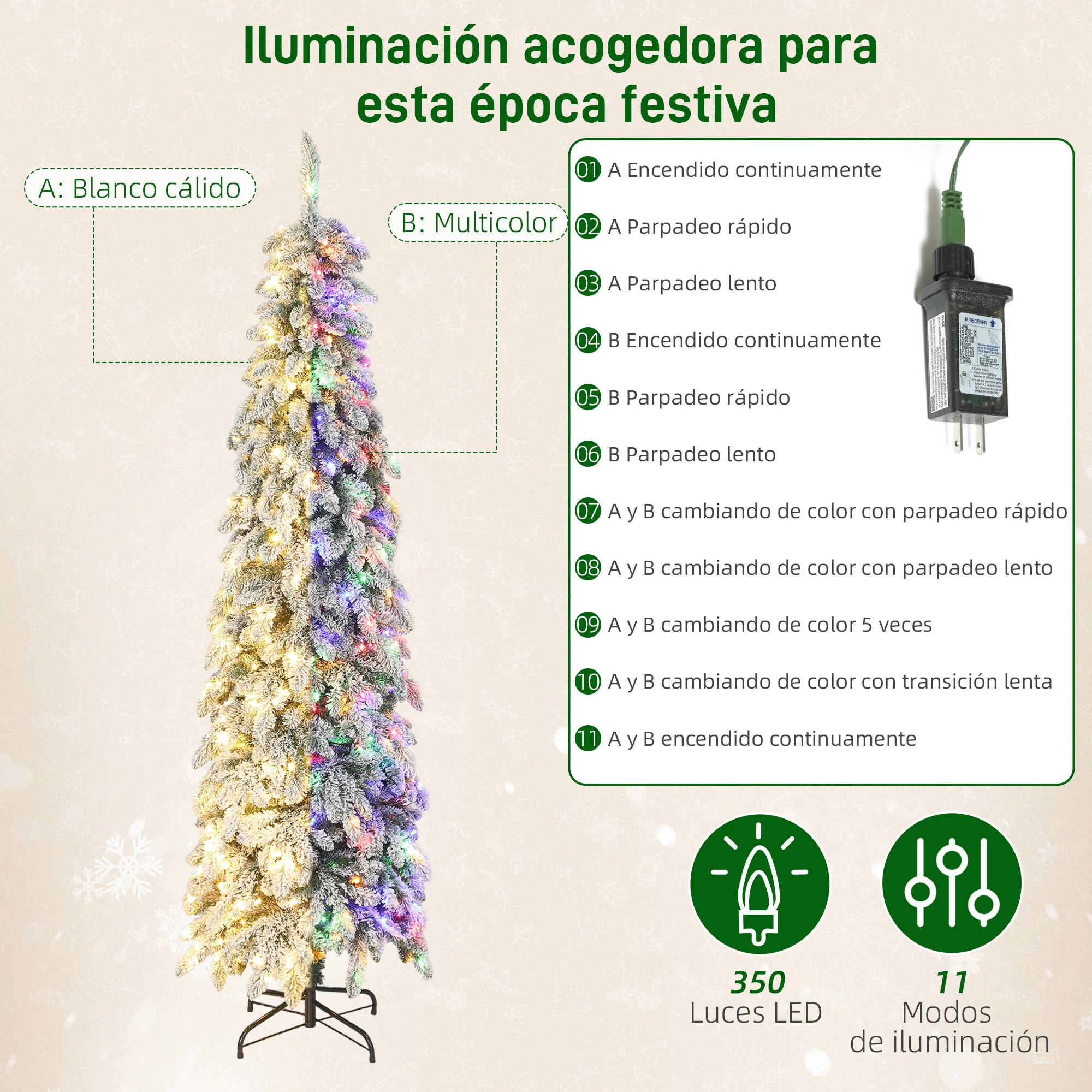 HOMCOM Árbol de Navidad Estrecho 225 cm, Árbol de Navidad Nevado con Luces LED Bicolor, 11 Modos de Iluminación con Temporizador, 800 Ramas, Soporte de Acero, Montaje Fácil, Verde - imagen 5
