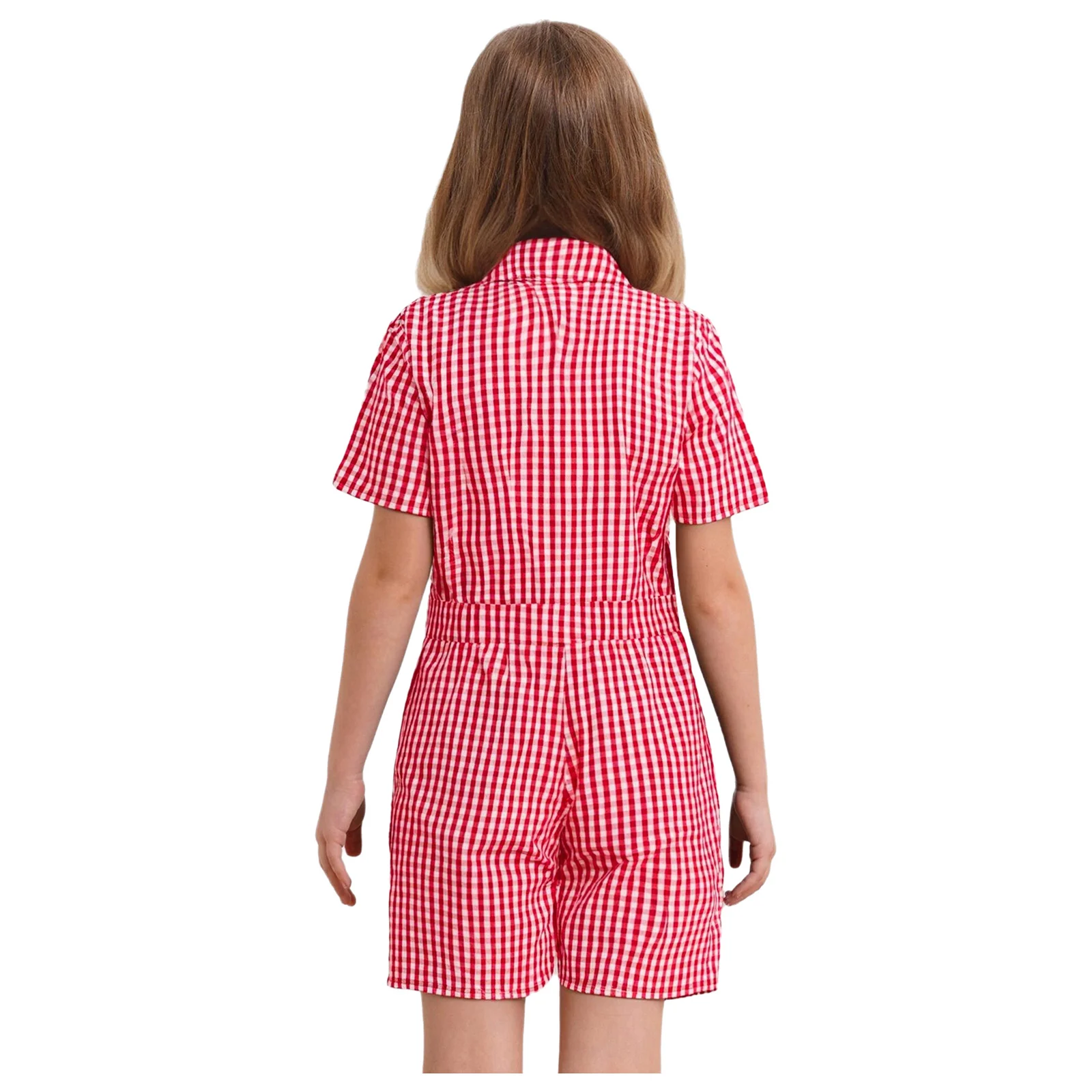 Uniforme escolar para niñas, mono informal a cuadros con cuello vuelto, mono de manga corta con cremallera frontal y bolsillos para uso diario - imagen 3