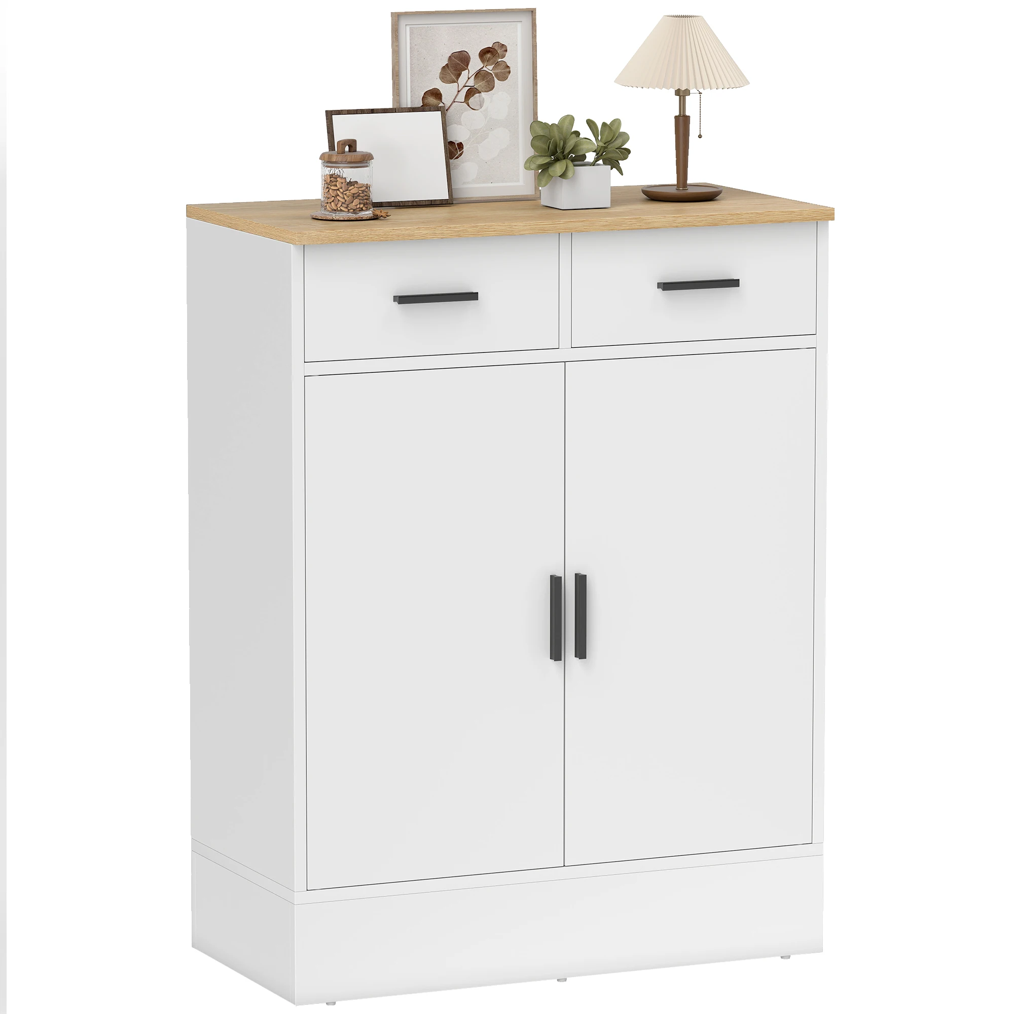 HOMCOM Aparador de 2 Puertas, Aparador de Salón con 2 Cajones y Estantes Ajustables, para Cocina, Entrada, Dormitorio, Blanco y Natural, 68,6x35x90,3 cm